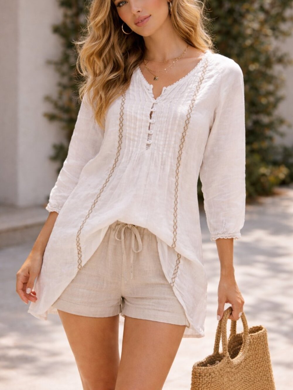 Malvin 100% Linen White Tunic Blouse Embroidered Boho Top Long Shirt Beach Cover